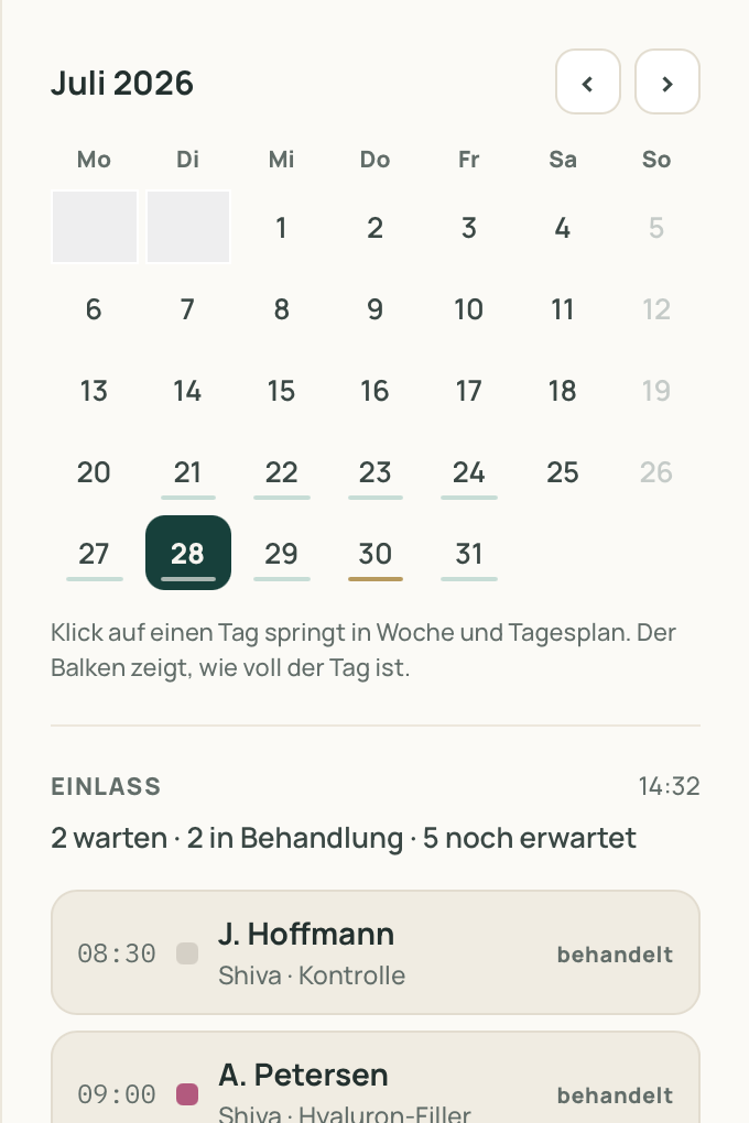 Einlass-Spalte der Tagesansicht mit Anwesenheitsstufen und Wartedauer je Patientin