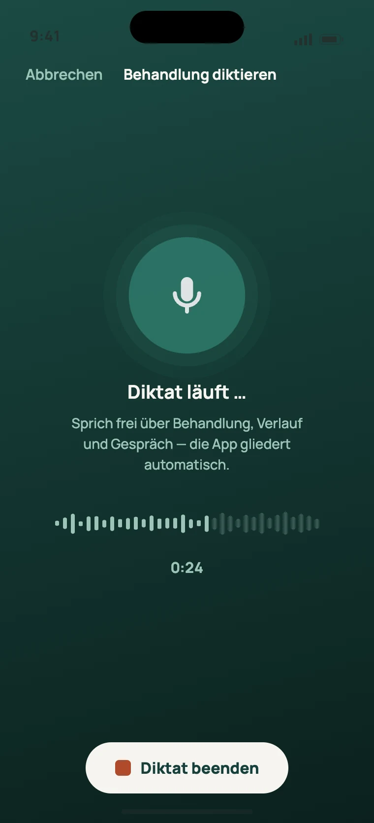 Diktat läuft: Wellenform, verstrichene Dauer, ein Knopf zum Beenden