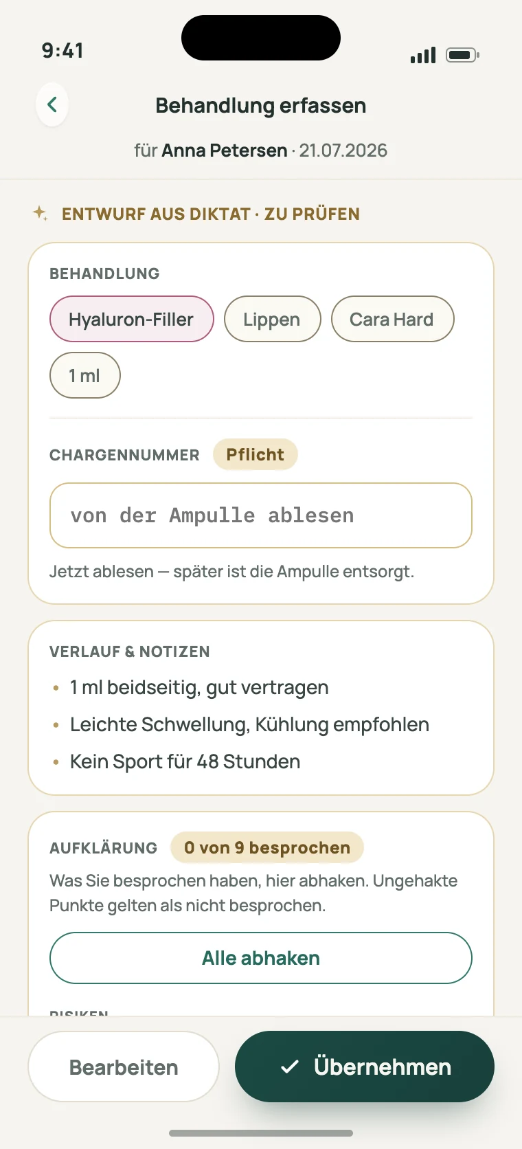 Prüfschirm: erkannte Behandlungszeilen mit Areal, Menge und Charge, jede einzeln änderbar